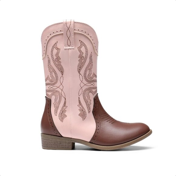 Kids Girls Pink/Brown Cowgirl Western Boots Mid Calf Horse Riding Booties Shoes - Picture 5 of 6